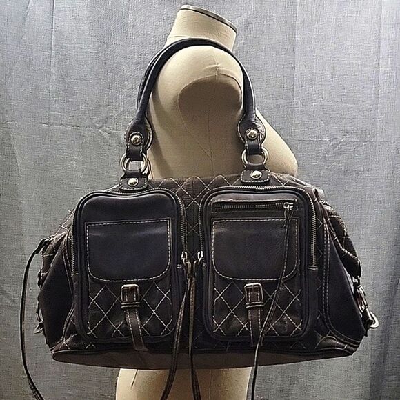 Serpui Marie RARE Brown Leather Duffle Shoulder Bag Cross Stitch, Double Handle - Picture 2 of 14